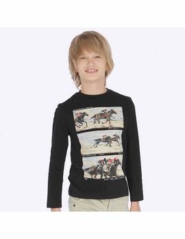 Camiseta Mayoral M/l 'horse race' Negra Para Niño
